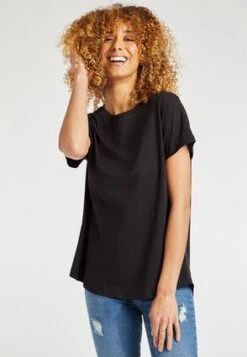 Womens Black Roll Sleeve T-Shirt -Fashion Women's Clothing Sales 155111pls 0bb2938401986d7