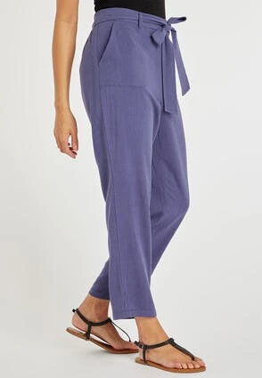 Womens Blue Linen Belted Tapered Trousers Womens Blue Linen Belted Tapered Trousers -Fashion Women's Clothing Sales 155162pls 0fdc4de722d3604