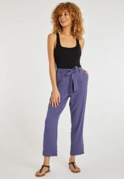 Womens Blue Linen Belted Tapered Trousers