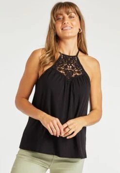 Womens Black Crochet Halter Neck Cami