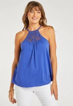 Womens Blue Crochet Halter Neck Cami
