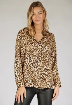 Womens Tan Animal Print Satin Shirt