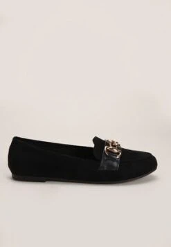 Womens Black Slip-On Chain Loafers