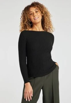 Womens Black Ribbed Boat Neck Top
