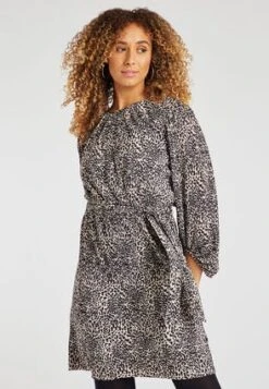 Womens Animal Print Belted Plisse Dress