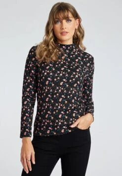 Womens Black Floral Roll Neck Top