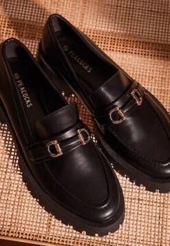 Womens Black Gold Buckle Chunky Loafers