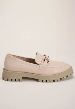 Womens Cream Gold Buckle Chunky Loafers
