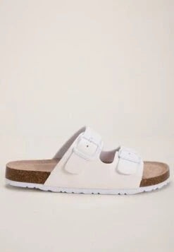 Womens White Buckle Footbed Sliders