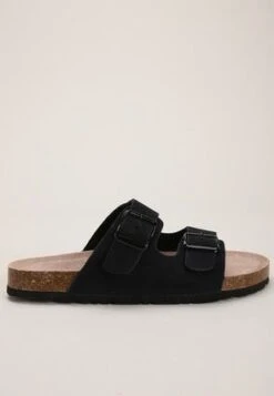 Womens Black Buckle Footbed Sliders