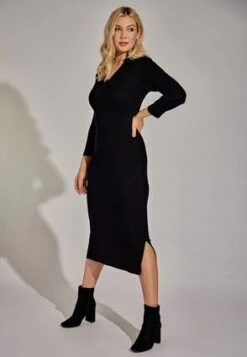 Women Black Ribbed Long Sleeve Dress -Fashion Women's Clothing Sales 182025pls 8bb310fec578704