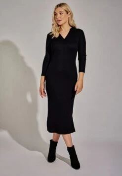 Women Black Ribbed Long Sleeve Dress