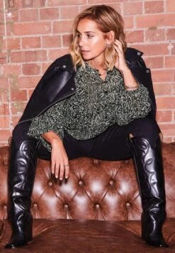 Womens Black And Gold Leaf Print Blouse