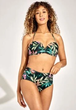Womens Khaki Tropical Print High Waist Bikini Bottoms