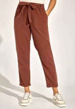 Womens Brown Tie Waist Cotton Trousers