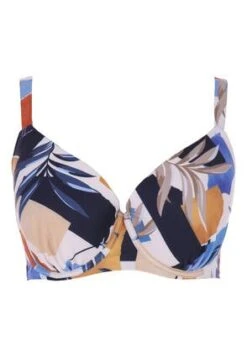 Womens E-F Blue Palm Print Plunge Bikini Top