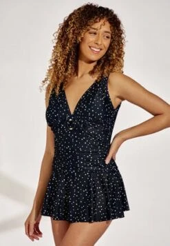 Womens Black And Cream Spot Swimdress