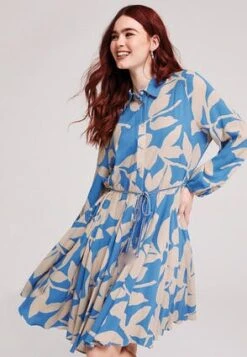 Womens Blue And Cream Flared Shirt Dress