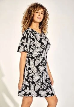 Womens Black Leaf Print Short Sleeve Dress -Fashion Women's Clothing Sales 184847pls 8bb913977a54840