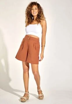 Women Brown Linen Tailored Shorts
