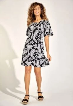 Womens Black Leaf Print Short Sleeve Dress
