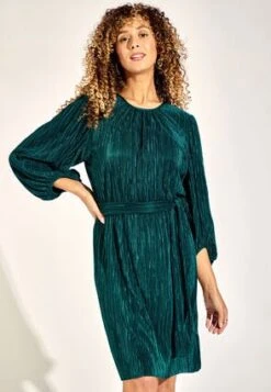 Womens Green Plisse Belted Dress