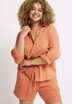 Womens Coral Crinkle Cotton Shirt