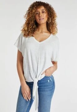Womens White V-Neck Tie Front T-Shirt
