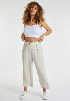 Womens Cream Linen Blend Paper Bag Cropped Trousers