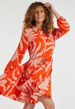 Womens Orange Palm Print Flared Shirt Dress