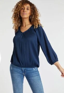 Womens Navy Long Sleeve V-Neck Blouse