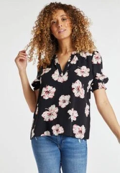 Womens Black And Red Floral Print Shirred Blouse