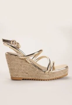 Womens Gold Cross Strap Espadrille Wedges