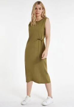 Womens Khaki Cotton Tie Midi Dress