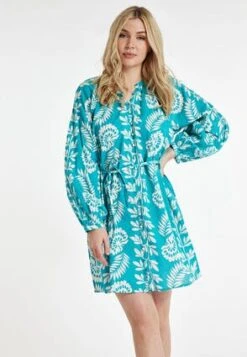 Womens Blue Botanical Button Down Dress