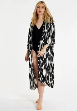 Womens Black And White Abstract Kimono