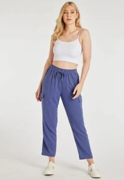 Womens Blue Linen Blend Cargo Trousers