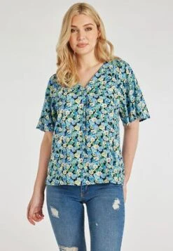 Womens Blue Floral V-Neck Blouse