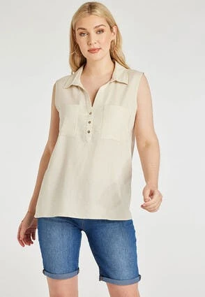 Womens Cream Linen Blend Sleeveless Shirt -Fashion Women's Clothing Sales 188534pls 9b0cbfe44dea504