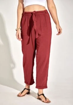 Womens Red Tie Waist Cotton Trousers