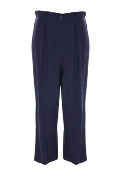 Womens Navy Linen Blend Paper Bag Cropped Trousers