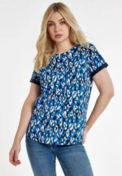Womens Blue Leopard Cotton Roll T-shirt