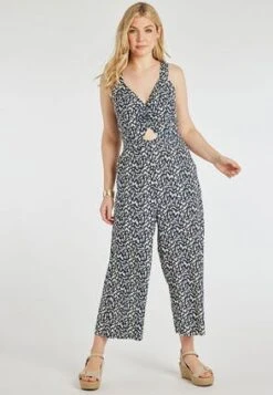 Womens Navy & White Linen Blend Cropped Jumpsuit