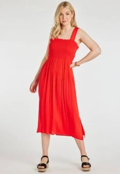 Womens Red Shirred Bodice Summer Dress