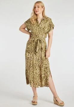 Womens Light Green Animal Print Midi Shirt Dress