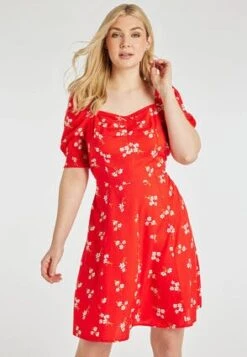 Womens Red Floral Knee Length Sweetheart Dress