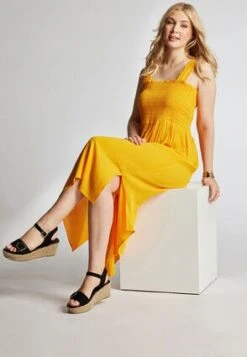 Womens Yellow Shirred Bodice Summer Dress