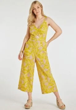 Womens Yellow Linen Blend Cropped Jumpsuit