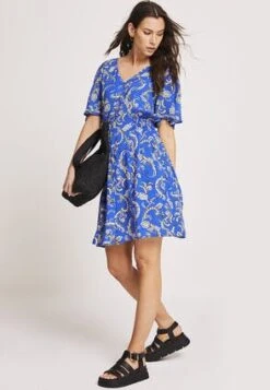 Womens Blue Paisley Print Button Dress