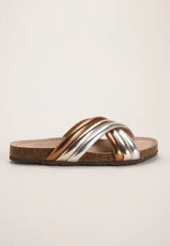 Womens Metallic Crossover Footbed Sandal